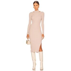 Heartloom Ribbed Mock Neck Cutout Midi Dress Beige Size S